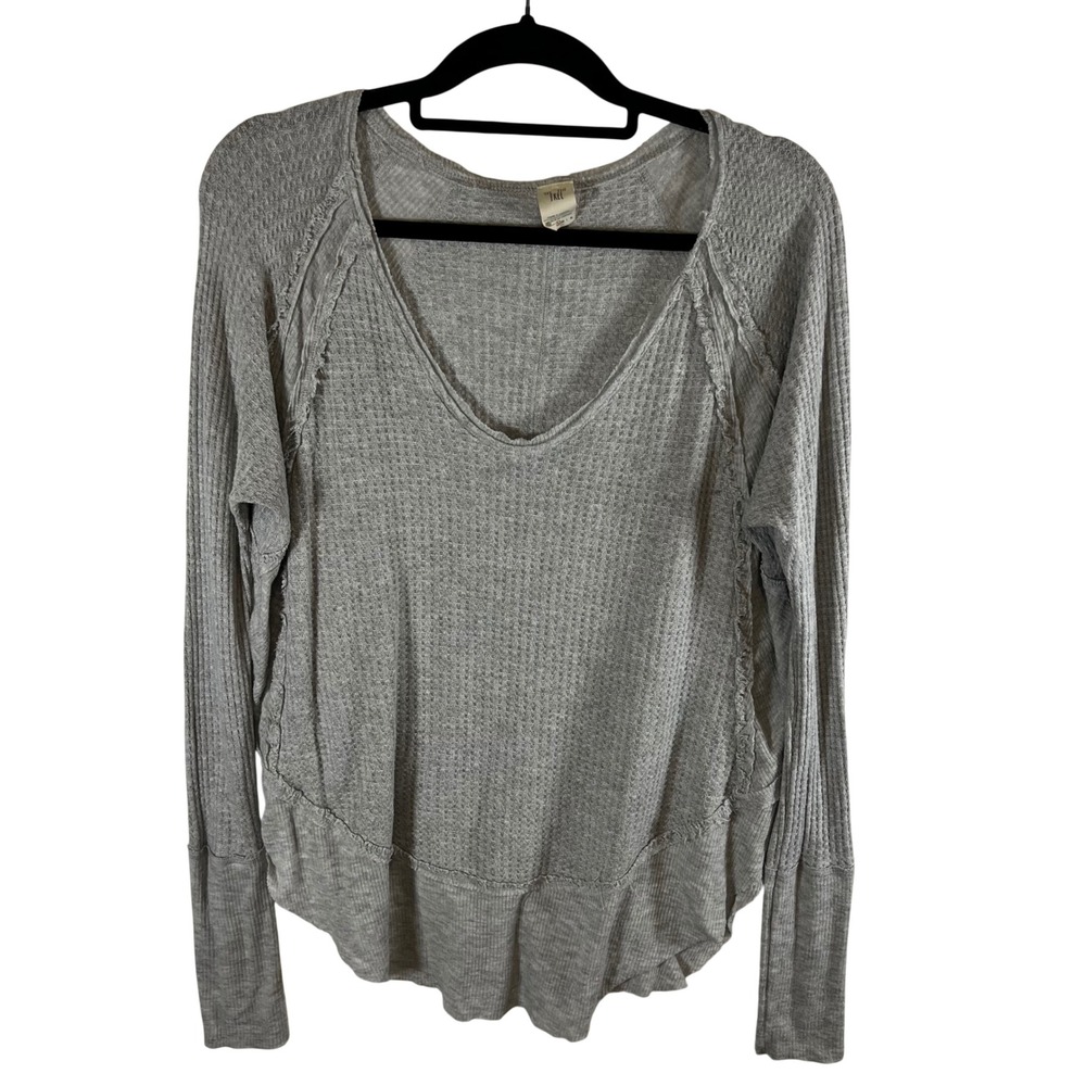 We The Free Free People Grey Waffle Knit Thermal V-Neck Raw Seam‎ Top Small